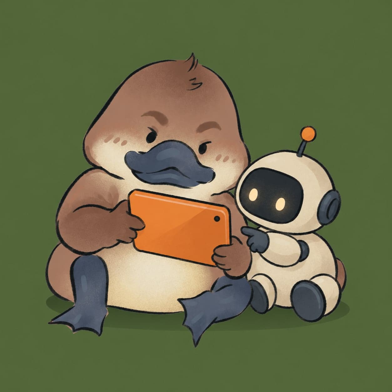 The Le Nâu duck and a small robot looking at a tablet together