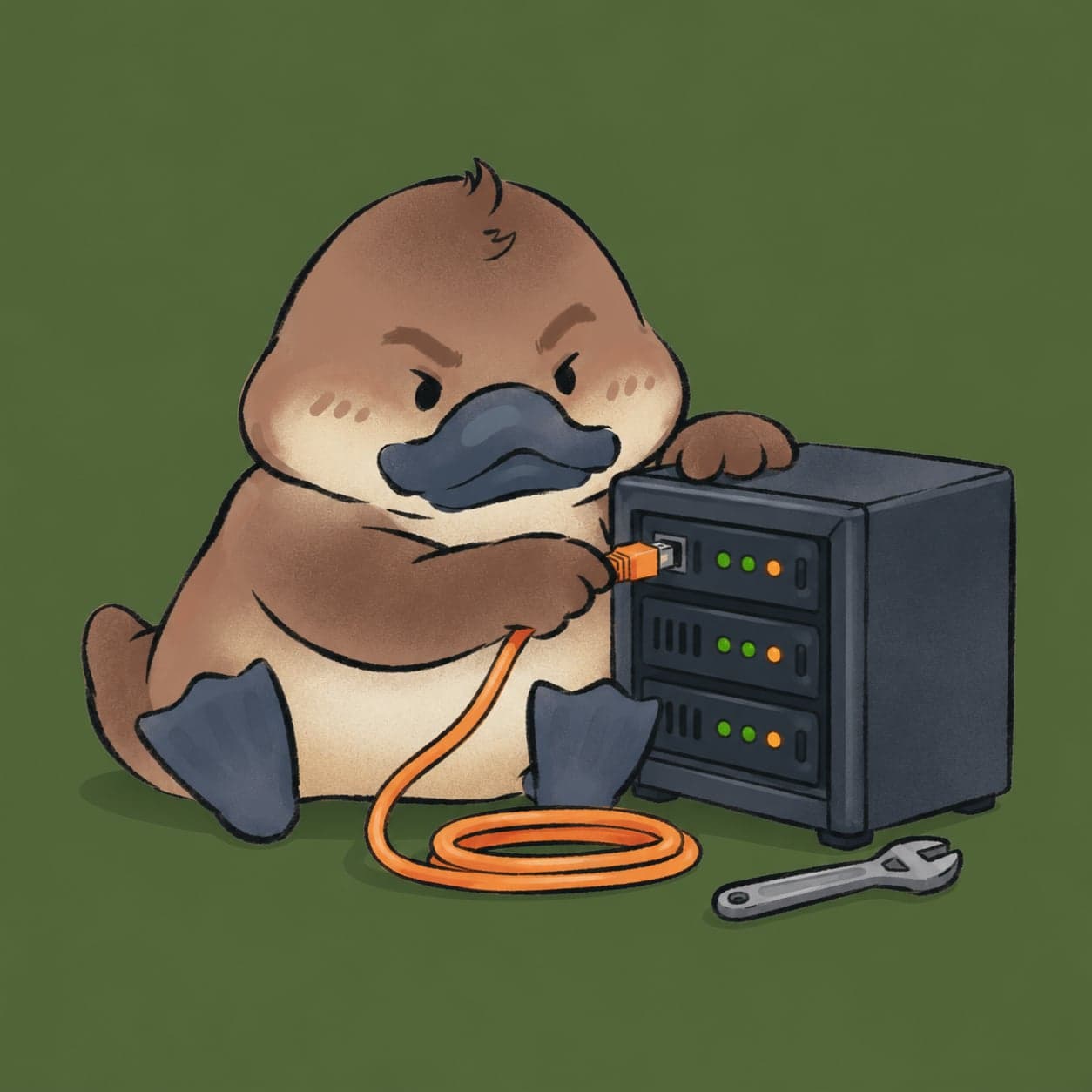 The Le Nâu duck plugging a cable into a small server
