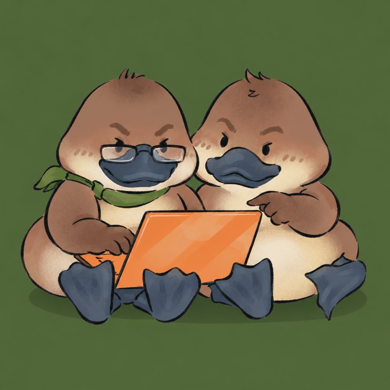 Two Le Nâu ducks sharing one laptop