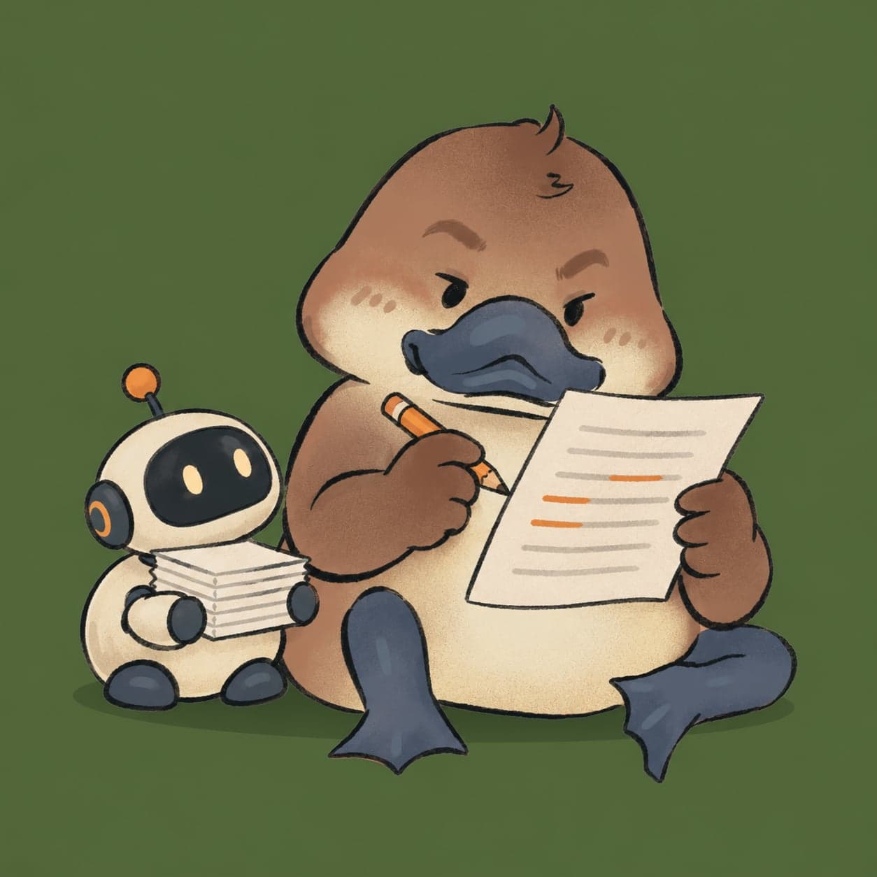 The Le Nâu duck marking up a page with an orange pencil while a small robot waits with more pages