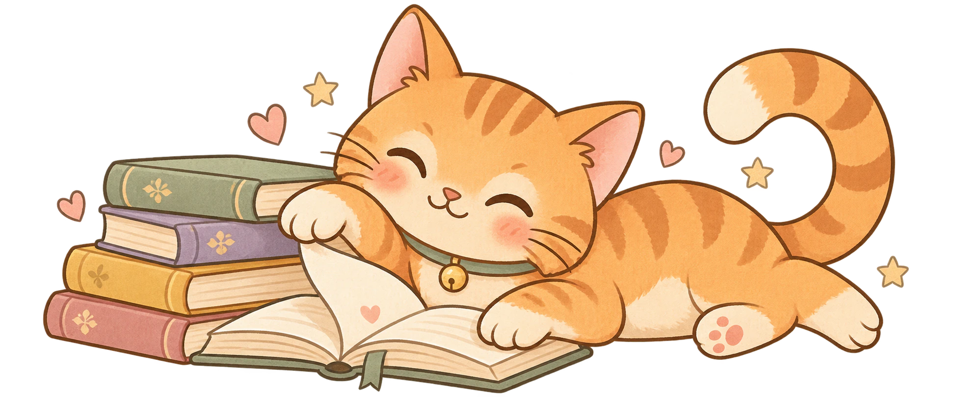Miso the peach cat playfully batting a page beside a stack of pastel books